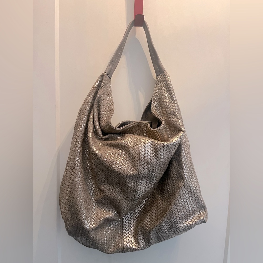 Laura Di Maggio Italian Extra Large Metallic Satchel Gold Leather Hobo Bag - Picture 2 of 7